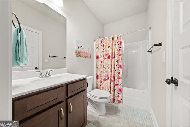 full bathroom with tile patterned flooring, shower / tub combo with curtain, vanity, and toilet