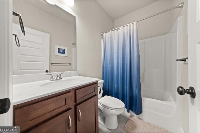 full bath featuring shower / tub combo, vanity, and toilet