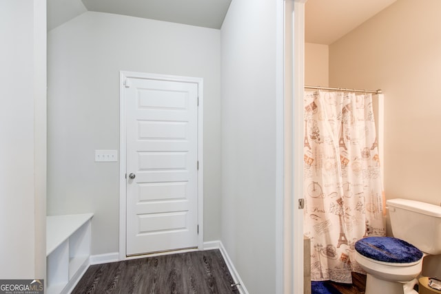 full bathroom featuring toilet, baseboards, wood finished floors, and lofted ceiling