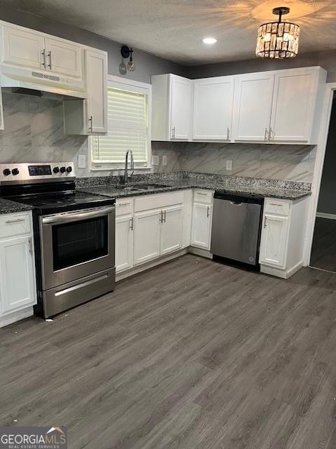 kitchen featuring under cabinet range hood, white cabinets, appliances with stainless steel finishes, and a sink