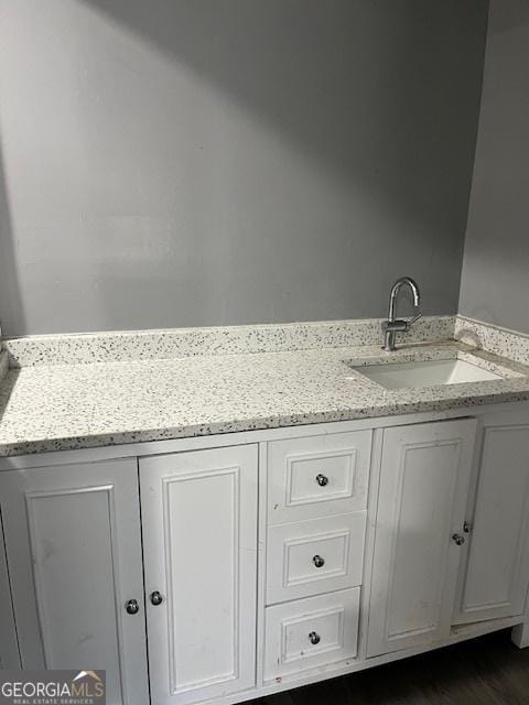 bathroom featuring wood finished floors, double vanity, and a sink