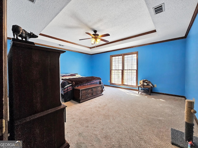 230 Mapledale Trl, Sharpsburg, GA 30277 - bedroom featuring a raised ceiling, a textured ceiling, carpet floors, crown molding, and baseboards