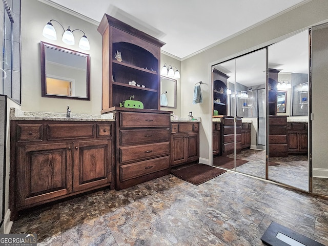 230 Mapledale Trl, Sharpsburg, GA 30277 - full bathroom with ornamental molding, a walk in shower, stone finish flooring, vanity, and baseboards