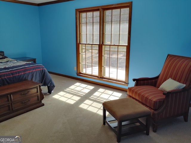 bedroom featuring light carpet and baseboards