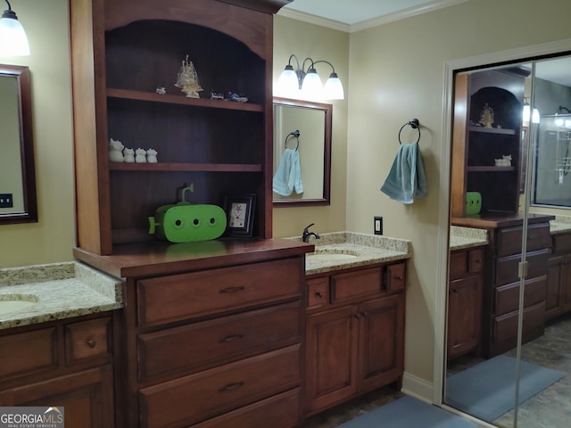 full bathroom with built in features, crown molding, and vanity