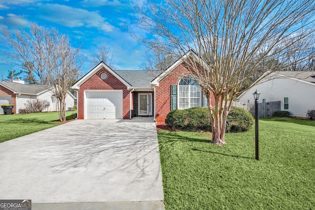 ranch-style home featuring driveway, a garage, a front yard, and brick siding