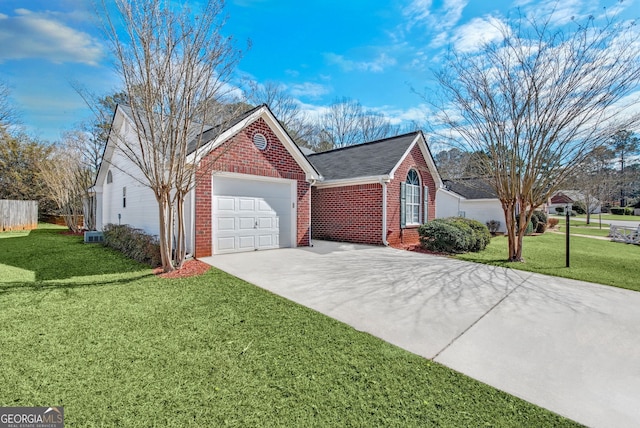 view of home's exterior with an attached garage, central AC, brick siding, concrete driveway, and a yard