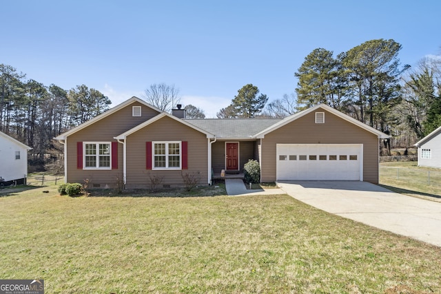 single story home with a garage, driveway, crawl space, a chimney, and a front yard