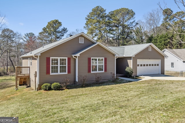 ranch-style house with concrete driveway, a front lawn, and an attached garage