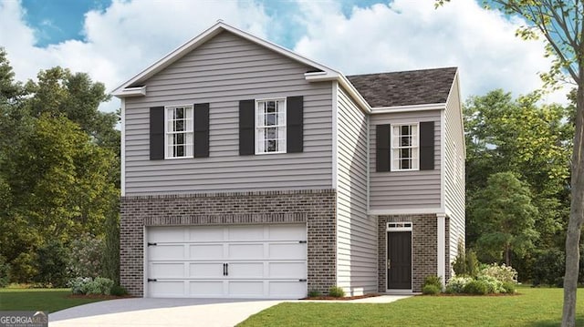 traditional home featuring an attached garage, concrete driveway, brick siding, and a front yard