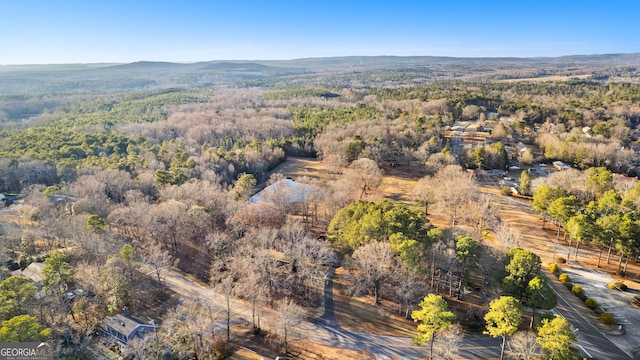 drone / aerial view with a wooded view