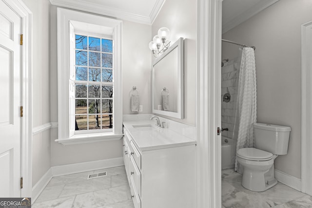 bathroom with marble finish floor, shower / bath combo, vanity, and crown molding