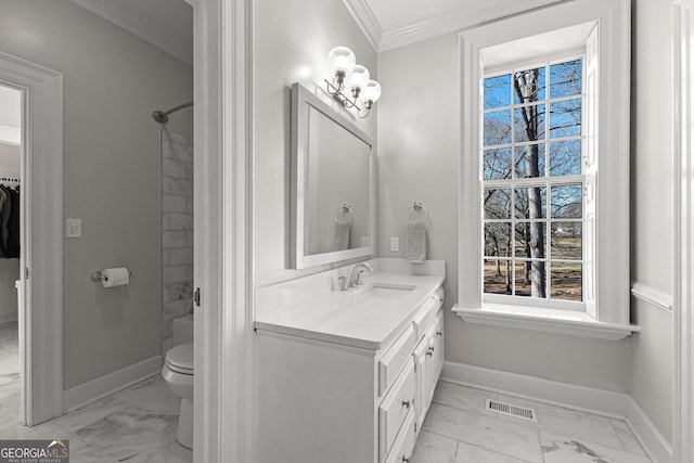 full bath featuring visible vents, baseboards, vanity, marble finish floor, and crown molding