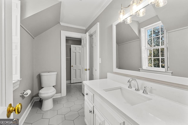 bathroom with lofted ceiling, tile patterned flooring, vanity, baseboards, and crown molding