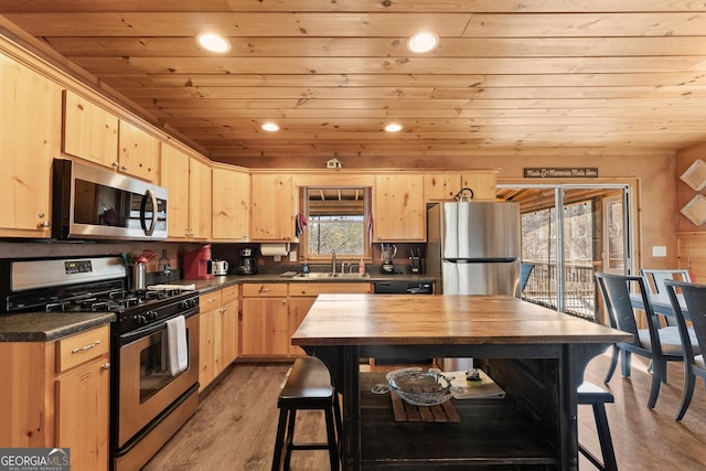 kitchen featuring light wood finished floors, stainless steel appliances, light brown cabinetry, and a sink