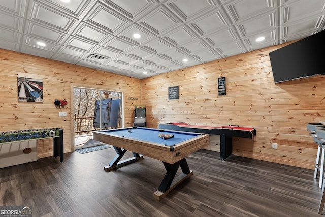 playroom with an ornate ceiling, pool table, visible vents, wooden walls, and wood finished floors