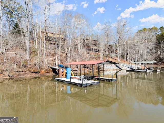 view of dock with a water view