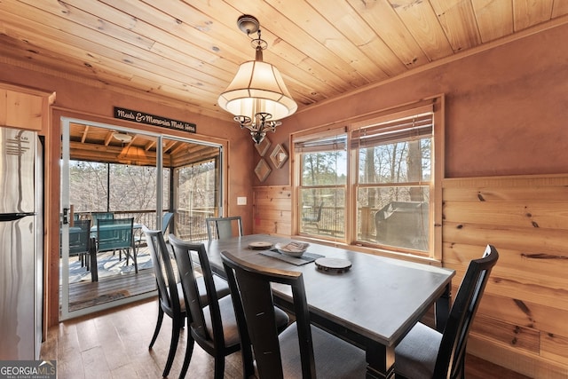 dining space featuring wood walls, wood finished floors, wood ceiling, and an inviting chandelier