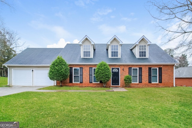 cape cod house featuring a garage, concrete driveway, brick siding, and a front lawn