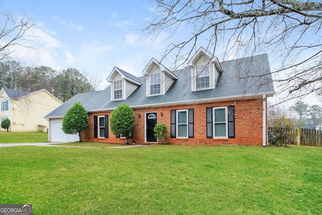 cape cod home with a garage, brick siding, a front yard, and fence