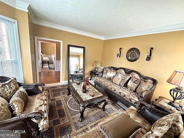 living room with a textured ceiling, wood finished floors, and crown molding