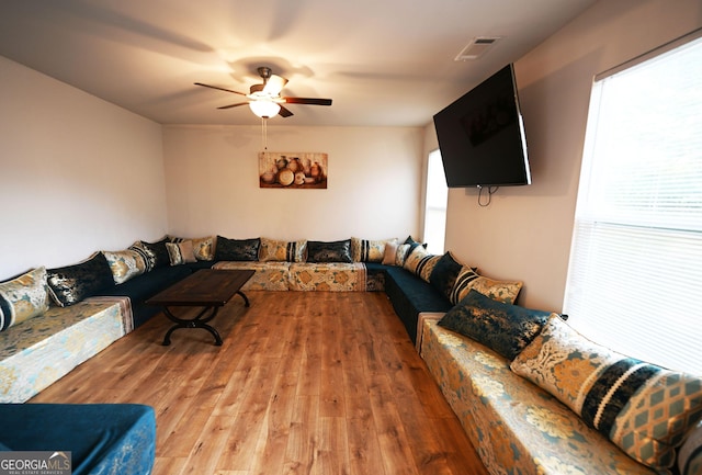 living room featuring ceiling fan, visible vents, and wood finished floors