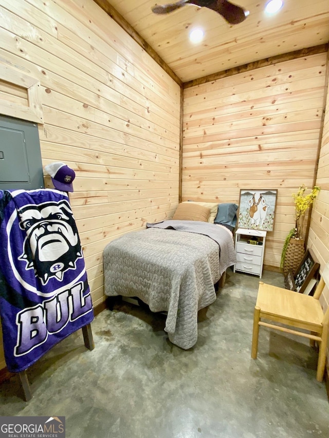 bedroom with recessed lighting, a ceiling fan, wood ceiling, wooden walls, and concrete floors