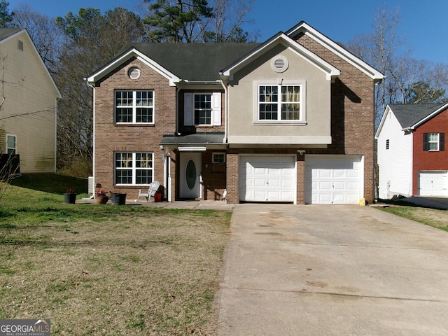 traditional-style home with an attached garage, a front lawn, concrete driveway, and brick siding