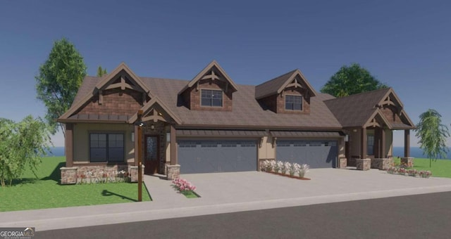 craftsman-style home with an attached garage, stone siding, driveway, and a front lawn