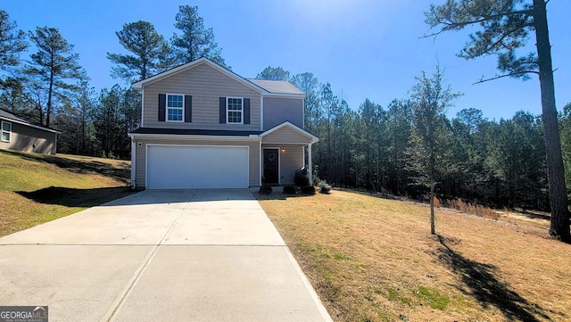 traditional home featuring driveway, an attached garage, and a front yard