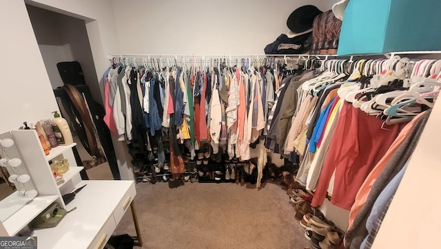 walk in closet featuring carpet flooring