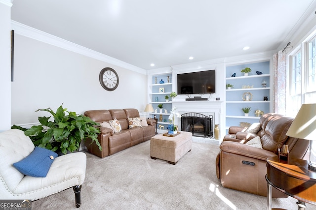 living room featuring recessed lighting, light carpet, a fireplace, built in features, and ornamental molding