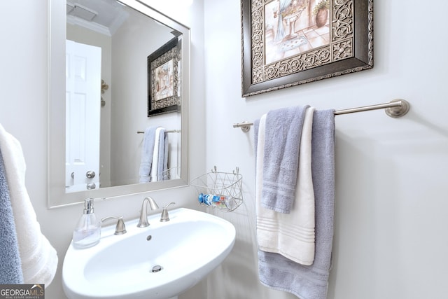 bathroom featuring crown molding, visible vents, and a sink