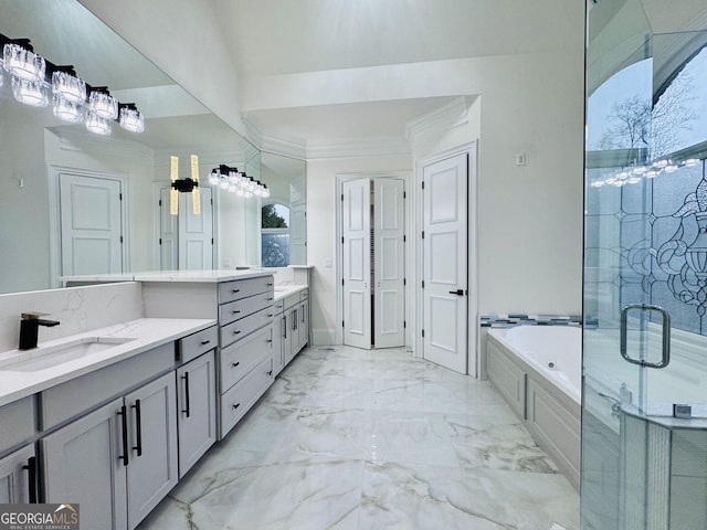 full bath with a stall shower, ornamental molding, marble finish floor, vanity, and a bath