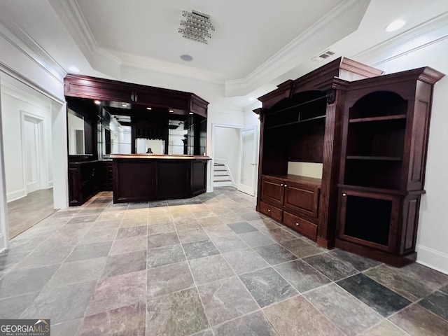 interior space with crown molding, recessed lighting, a raised ceiling, visible vents, and stairs