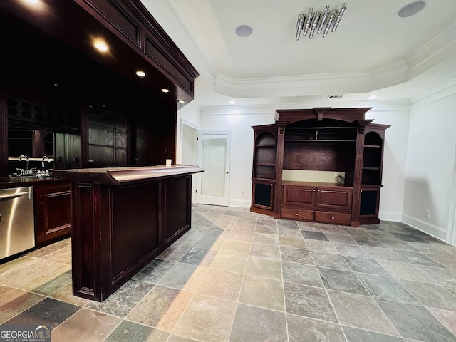 bar featuring a raised ceiling, ornamental molding, a sink, dishwasher, and baseboards