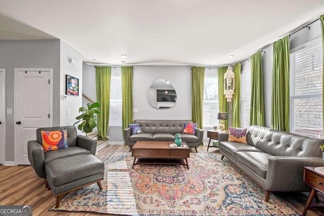 living room with baseboards and wood finished floors