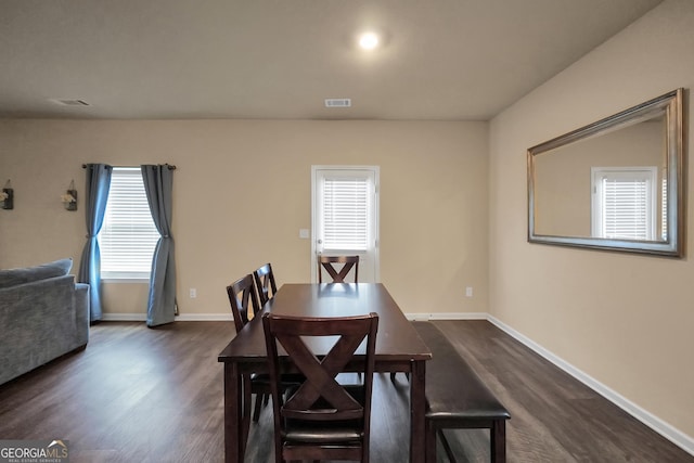 dining room with visible vents, dark wood finished floors, and baseboards