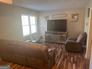 living room with a wall mounted AC and wood finished floors