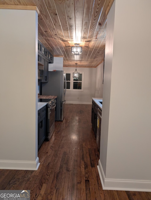 kitchen with wood ceiling, stainless steel appliances, dark wood-style flooring, and light countertops