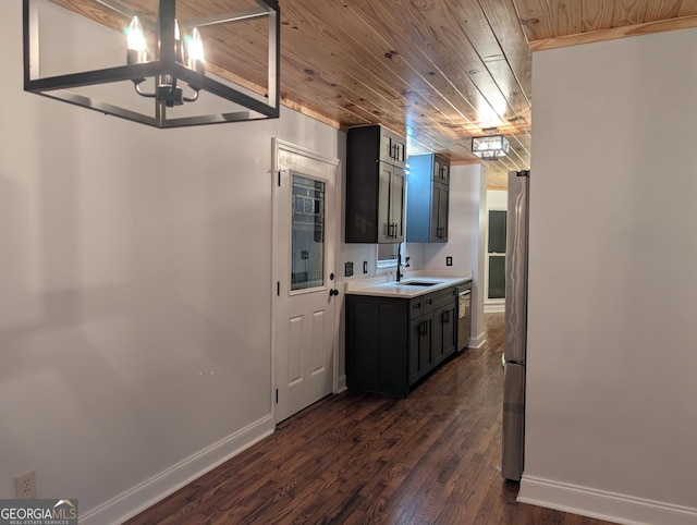 kitchen featuring dark wood finished floors, wooden ceiling, appliances with stainless steel finishes, light countertops, and a sink