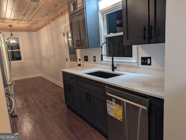 kitchen featuring dark wood-style flooring, stainless steel appliances, light countertops, a sink, and wooden ceiling