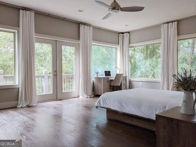 bedroom with ceiling fan, french doors, wood finished floors, and access to exterior