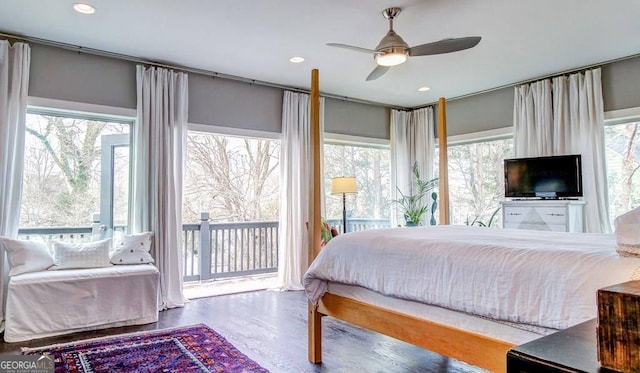 bedroom featuring ceiling fan, access to outside, and recessed lighting