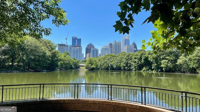 view of water feature with a city view