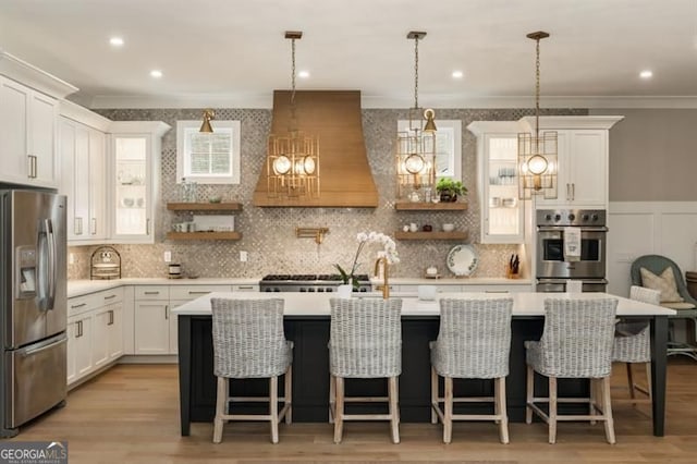 9370 Raldon Rd, Gainesville, GA 30506 - kitchen featuring appliances with stainless steel finishes, crown molding, light countertops, open shelves, and white cabinetry