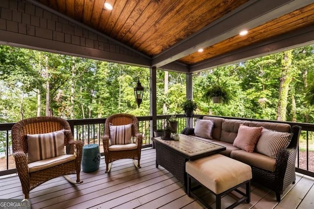 9370 Raldon Rd, Gainesville, GA 30506 - wooden deck with an outdoor hangout area and a wooded view