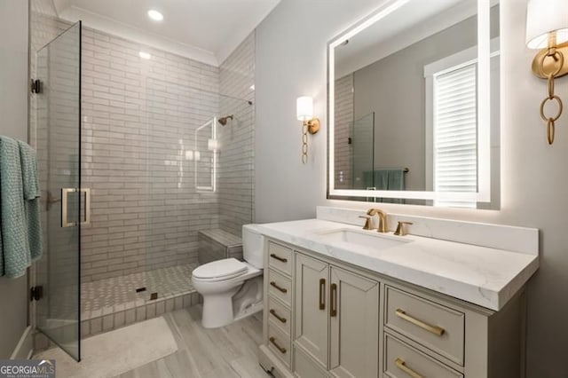 9370 Raldon Rd, Gainesville, GA 30506 - full bathroom featuring vanity, a shower stall, and wood finished floors