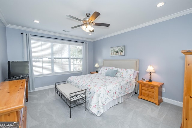 bedroom with visible vents, baseboards, ornamental molding, carpet, and recessed lighting