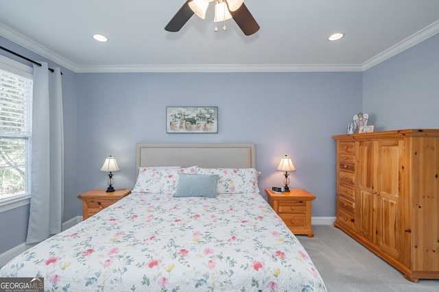 bedroom featuring a ceiling fan, light colored carpet, crown molding, and baseboards